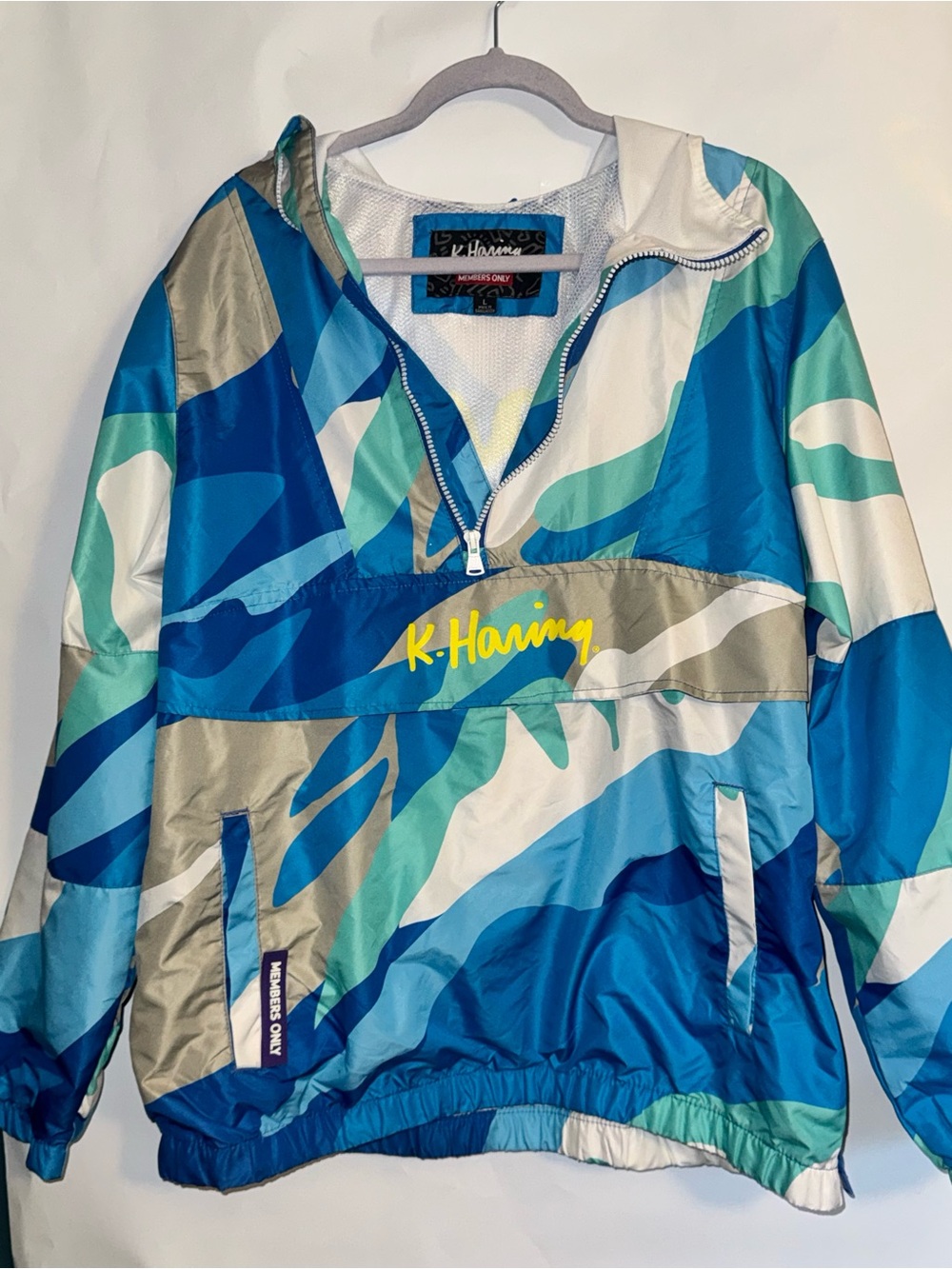 Members Only K. Haring Blue Multi-Color Hooded Windbreaker